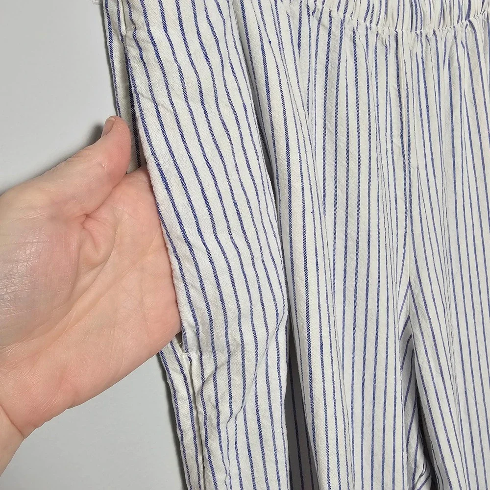 Gap Womens Linen Blend Easy Wide Leg Pants M Blue White Stripe Coastal Nautical